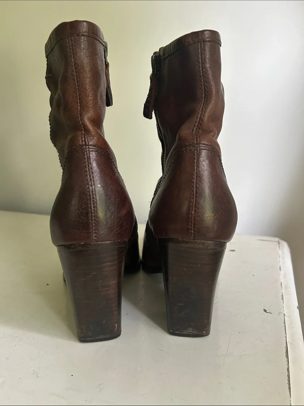 Frye Brown Leather Ankle Booties with Stacked Heel
